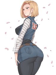 Rule 34 | 1girl, absurdres, android 18, artist name, ass, blonde hair, blue eyes, breasts, closed mouth, denim, denim jacket, denim skirt, dragon ball, dragonball z, earrings, from behind, highres, jacket, jewelry, large breasts, looking to the side, mandytsune, medium hair, pantyhose, petals, red ribbon army, shirt, simple background, skirt, sleeveless, sleeveless jacket, solo, striped clothes, striped shirt, white background
