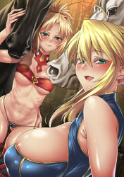 Rule 34 | 2girls, absurdres, animal, areola slip, artoria pendragon (fate), artoria pendragon (lancer) (fate), blonde hair, blush, breasts, commentary, commentary request, f.w.zholic, fate/grand order, fate (series), green eyes, heattech leotard, highres, horse, huge breasts, implied bestiality, large breasts, looking at viewer, mature female, medium breasts, mordred (fate), mordred (fate/apocrypha), mother and daughter, multiple girls, open mouth, shiny skin, smile, toned, turtleneck, underboob