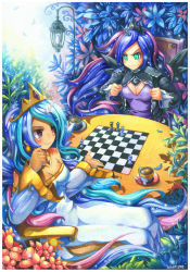 Rule 34 | 2girls, angry, aqua hair, artist name, bishop (chess), blue hair, blush, board game, breasts, celestia (my little pony), chair, chess, chess piece, chessboard, cleavage, clenched teeth, crescent moon, crown, cup, dress, emperpep, female focus, flower, from above, horns, king (chess), lamp, lantern, large breasts, long hair, luna (my little pony), moon, multicolored hair, multiple girls, my little pony, my little pony: friendship is magic, personification, pink hair, plate, playing games, queen (chess), siblings, single horn, sisters, sitting, smile, spoon, table, tea, teacup, teeth, tiara, two-tone hair, very long hair, wings