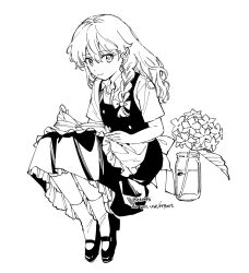 Rule 34 | apron, book, buttons, closed mouth, collared shirt, frilled apron, frills, greyscale, happy, highres, kirisame marisa, long hair, looking at viewer, mary janes, monochrome, natsume (menthol), shirt, shoes, short sleeves, simple background, sitting, skirt, smile, socks, touhou, vest, waist apron, wavy hair, white background