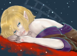 Rule 34 | 1girl, bare back, bare shoulders, blonde hair, blood, bloody tears, blue background, expressionless, eyelashes, fingers together, green eyes, light particles, lips, looking at viewer, lying, mizuhashi parsee, off shoulder, on stomach, pointy ears, railing, rog92, short hair, simple background, solo, string, string of fate, touhou