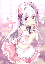 Rule 34 | 1girl, :o, apron, azumi kazuki, bare shoulders, blurry, blurry background, blush, bow, commentary request, crop top, depth of field, detached sleeves, flower, frilled skirt, frills, hair bow, hair intakes, hands up, highres, holding, menu, midriff, navel, original, parted lips, pink flower, pink skirt, plaid, plaid bow, puffy short sleeves, puffy sleeves, purple eyes, red bow, shirt, short sleeves, skirt, solo, spoken blush, waist apron, white apron, white flower, white hair, white shirt, white sleeves, wrist cuffs