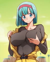 Rule 34 | 1girl, blue eyes, blue hair, blunt bangs, blush, bodysuit, bodysuit under clothes, breasts, bulma, closed mouth, covered erect nipples, dragon ball, dragon ball (classic), hairband, impossible bodysuit, impossible clothes, large breasts, runaru, short hair, smile, solo, upper body