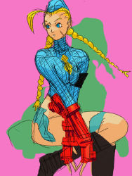 Rule 34 | 1990s (style), 1girl, ahoge, antenna hair, blonde hair, blue eyes, blue leotard, boots, braid, breasts, cammy white, capcom, elbow gloves, fingerless gloves, gloves, huge ahoge, knee boots, large breasts, leotard, long hair, necktie, official art, scar, sketch, solo, street fighter, street fighter zero (series), twin braids, v arms, yasuda akira