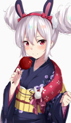 Rule 34 | 1girl, animal ears, azur lane, blue kimono, blush, candy apple, closed mouth, commentary request, double bun, floral print, food, grey background, hair between eyes, hair bun, hairband, highres, holding, holding food, japanese clothes, kimono, kohakope, laffey (azur lane), laffey (snow rabbit and candy apple) (azur lane), long sleeves, obi, pinching sleeves, print kimono, rabbit ears, red eyes, red hairband, sash, side bun, sidelocks, silver hair, smile, solo, upper body, wide sleeves