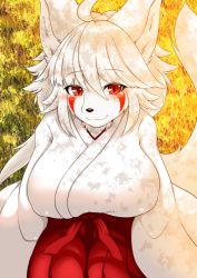 Rule 34 | 1girl, furry, furry female, highres, japanese clothes, long hair, megane inu, mik (notdomiq), red eyes, solo, white hair