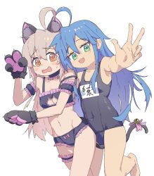 Rule 34 | 2girls, @ @, absurdres, ahoge, animal ear fluff, animal ears, animal hands, arm garter, bell, blue hair, bra, breasts, cat ears, cat lingerie, cat paws, cat tail, collarbone, covered navel, crossover, frilled garter, frills, genderswap, genderswap (mtf), green eyes, groin, hair between eyes, heart ahoge duo, highres, izumi konata, jitome, leg up, long hair, looking at viewer, lucky star, meme attire, mole, mole under eye, multiple girls, navel, neck garter, off shoulder, onii-chan wa oshimai!, open mouth, outstretched hand, oyama mahiro, pilot webber, pink hair, ribbon, school swimsuit, small breasts, swimsuit, tail, tail bell, tail ornament, tail ribbon, tareme, underwear, v, wavy mouth, white background, yellow eyes