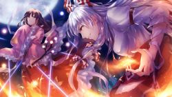 Rule 34 | 2girls, arm belt, arms up, black hair, branch, commentary request, cowboy shot, fire, from side, fujiwara no mokou, full moon, glowing, grin, hagoromo, hair ribbon, highres, holding, holding branch, houraisan kaguya, jeweled branch of hourai, leaning forward, light beam, long hair, long sleeves, looking at viewer, minazuki utciha, moon, multiple girls, ofuda, pants, parted lips, pink shirt, ponytail, red eyes, red pants, ribbon, shawl, shirt, sidelocks, sideways mouth, silver hair, sleeves past fingers, sleeves past wrists, smile, smug, suspenders, torn clothes, torn pants, torn sleeves, touhou, very long hair, white shirt