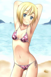 Rule 34 | 1girl, armpits, arms behind head, arms up, beach, bikini, blonde hair, blue eyes, breasts, cleavage, erica hartmann, gunshou, navel, ocean, short hair, side-tie bikini bottom, small breasts, smile, solo, star (symbol), star print, strike witches, swimsuit, water, world witches series