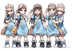 5girls bag baseball_cap behind_another black_footwear blue_footwear blue_shirt boots brown_eyes brown_hair brown_hat commentary_request full_body hand_up hat hat_writing hataraku_saibou headwear_writing highres holding_strap long_hair looking_at_viewer multiple_girls oversized_clothes oversized_shirt platelet_(hataraku_saibou) satchel shirt short_hair short_sleeves shorts simple_background standing straight-on white_background white_shorts yasu yellow_bag