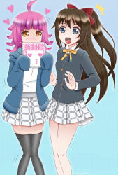 Rule 34 | 2girls, :3, aqua background, aqua eyes, aqua jacket, artist name, artist request, bare legs, black cardigan, black jacket, black legwear, blue eyes, blunt bangs, blush, bow, bowtie, breasts, brown eyes, brown hair, buttons, cardigan, checkered clothes, checkered skirt, collared shirt, covering own mouth, covering privates, female focus, hair between eyes, hair bow, heart, heart-shaped pupils, highres, holding, holding notebook, jacket, long hair, long sleeves, looking at viewer, love live!, love live! nijigasaki high school idol club, miniskirt, multiple girls, nijigasaki academy school uniform, nose blush, notebook, osaka shizuku, parted lips, pink hair, plaid, plaid skirt, pleated, pleated skirt, ponytail, red bow, ribbon, school uniform, shirt, skirt, sleeves past fingers, sleeves past wrists, small breasts, smile, symbol-shaped pupils, tennoji rina, white shirt, white skirt, yellow bow, yellow buttons, yellow ribbon