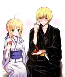 Rule 34 | 1boy, 1girl, ahoge, artoria pendragon (all), artoria pendragon (fate), blonde hair, blush, fate/stay night, fate/tiger colosseum, fate (series), food, fruit, gilgamesh (fate), green eyes, japanese clothes, jewelry, kimono, official alternate costume, ornate ring, marriage proposal, red eyes, ring, saber (fate), sadakofxe, watermelon, wedding ring