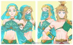 Rule 34 | 1boy, 1girl, arabian clothes, armlet, armor, bare shoulders, blonde hair, blue eyes, blush, bracer, breasts, couple, crop top, crossdressing, detached sleeves, earrings, green eyes, green shirt, hair between eyes, hair ornament, hairclip, halterneck, hand on own chest, hands on own hips, headband, high ponytail, highres, holding another&#039;s arm, hoop earrings, jewelry, link, looking at viewer, medium breasts, medium hair, midriff, mouth veil, multiple views, navel, nintendo, nito minatsuki, open mouth, parted bangs, pointy ears, princess zelda, see-through, see-through sleeves, shirt, short hair, shoulder armor, sidelocks, smile, the legend of zelda, the legend of zelda: breath of the wild, the legend of zelda: tears of the kingdom, thick eyebrows, veil, yellow background