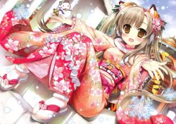 Rule 34 | 1girl, animal ears, brown eyes, brown hair, day, fujima takuya, highres, japanese clothes, kimono, non-web source, open mouth, original, outstretched arms, smile, snowflakes, snowing, snowman, solo, tabi, tabii, tail, two side up