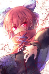 Rule 34 | 1girl, arm up, bloom, blue bow, bow, cape, covered mouth, hair between eyes, hair bow, isu (is88), looking to the side, red eyes, red hair, sekibanki, short hair, sidelighting, simple background, solo, touhou, upper body, white background