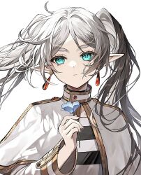 Rule 34 | 1girl, aqua eyes, capelet, closed mouth, commentary, earrings, elf, flower, frieren, gold trim, highres, jewelry, kuga huna, long sleeves, pointy ears, solo, sousou no frieren, striped, twintails, upper body, white background, white capelet, white hair