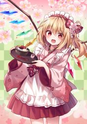 Rule 34 | 1girl, :d, absurdres, alternate costume, alternate headwear, anmitsu (dessert), apron, blonde hair, blush, bow, bowl, checkered background, cherry, cherry blossoms, cowboy shot, crystal, flandre scarlet, floral print, flower, food, frilled apron, frills, fruit, hair between eyes, hair bow, hair flower, hair ornament, highres, holding, holding tray, japanese clothes, kimono, kure~pu, long hair, looking at viewer, maid, maid apron, maid headdress, one side up, open mouth, pink flower, pink kimono, pleated skirt, red bow, red eyes, red skirt, skirt, smile, solo, spoon, standing, touhou, tray, wa maid, waitress, white apron, wings