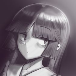 Rule 34 | 1girl, bags under eyes, blunt bangs, boa (brianoa), closed mouth, greyscale, highres, houraisan kaguya, jitome, looking to the side, monochrome, parted bangs, portrait, solo, touhou
