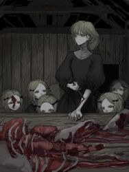 Rule 34 | 6+girls, black dress, blonde hair, blood, blood stain, bone, corpse, dark, dress, expressionless, flesh, guro, hair bun, hair ornament, hair ribbon, hairclip, highres, holding, holding knife, horror (theme), injury, jiz (pffbq), knife, looking afar, looking at another, looking to the side, multiple girls, original, pale skin, puffy sleeves, red eyes, ribbon, short hair, sketch, table, wooden table, wrist cutting