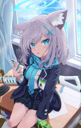 Rule 34 | 1girl, 5s0n9, absurdres, animal ear fluff, animal ears, blue archive, blue eyes, blush, breasts, cross hair ornament, extra ears, grey hair, hair ornament, halo, highres, long hair, looking at viewer, medium hair, mismatched pupils, shiroko (blue archive), shirt, solo, wolf ears