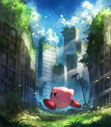 Rule 34 | absurdres, blue eyes, blue sky, building, cloud, day, grass, highres, kirby, kirby (series), kirby and the forgotten land, moss, nintendo, no humans, overgrown, ruins, running, shiburingaru, sky, solo, waddle dee