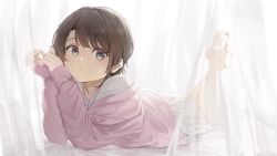 Rule 34 | 1girl, barefoot, black hair, blush, collarbone, curtains, eyebrows hidden by hair, green eyes, highres, hololive, kanoe (tatsukanoe), looking at viewer, lying, on bed, on stomach, oozora subaru, pink sweater, shirt, short hair, soles, solo, sweater, virtual youtuber, white shirt