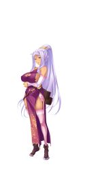 Rule 34 | 1girl, absurdres, arrow, bibyo, blue eyes, boots, breasts, china dress, chinese clothes, cleavage, cleavage cutout, clothing cutout, dark skin, dark-skinned female, detached sleeves, dress, female focus, full body, hands on own hips, highres, hikage eiji, koihime musou, kougai, large breasts, light purple hair, long hair, looking at viewer, mole, mole under mouth, official art, pelvic curtain, ponytail, shin koihime musou, sidelocks, silver hair, sleeveless, smile, solo, standing, thighhighs, transparent background, very long hair