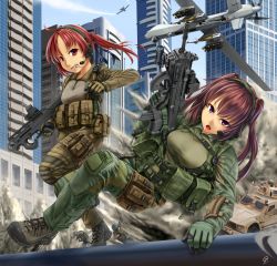 Rule 34 | 2girls, a-10 thunderbolt ii, absurdres, action, aerial bomb, agm-114 hellfire, air-to-surface missile, anti-tank guided missile, anti-tank missile, assault rifle, attack aircraft, battle, boeing, bomb, building, bullpup, carbine, city, clenched teeth, close air support, commentary, contrail, dated, day, drone, eotech, explosion, explosive, fairchild aircraft, fairchild republic, fn f2000, fn herstal, gbu-12 paveway ii, general-purpose bomb, general atomics aeronautical systems, gloves, grenade, grenade pin, guided bomb, gun, gun shield, gunship, hair ribbon, headset, helmet, highres, holster, humvee, jpc, knee pads, laser-guided bomb, load bearing vest, lockheed martin, long hair, magpul, magpul pdr, magpul pdr-c, military, military vehicle, missile, modular weapon system, motor vehicle, mouth hold, mq-9 reaper, multiple boys, multiple girls, northrop grumman, open mouth, original, paveway, personal defense weapon, ponytail, precision-guided munition, prototype design, purple eyes, purple hair, raytheon company, raytheon technologies, red eyes, red hair, ribbon, rifle, road, running, scrunchie, see-through, shield, short-barreled rifle, signature, silhouette, sky, soldier, street, submachine gun, surface-to-surface missile, teeth, texas instruments, thigh holster, transparent, transparent armor gun shield, twintails, unmanned aerial vehicle, unmanned combat aerial vehicle, war, weapon