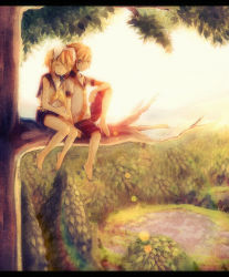 Rule 34 | 1boy, 1girl, barefoot, blonde hair, blue eyes, bow, branch, brother and sister, feet, hair bow, heca, in tree, kagamine len, kagamine rin, leaf, lens flare, letterboxed, necktie, rainbow, school uniform, serafuku, short hair, shorts, siblings, sitting, sitting in tree, sleeping, sleeping upright, smile, tree, twins, vocaloid