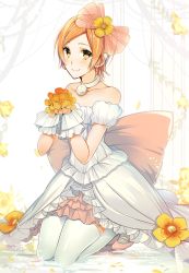 Rule 34 | 10s, 1girl, bad id, bad pixiv id, blush, bouquet, dress, flower, hoshizora rin, kneeling, looking at viewer, love live!, love live! school idol festival, love live! school idol project, love wing bell, okia, orange hair, short hair, smile, solo, thighhighs, yellow eyes