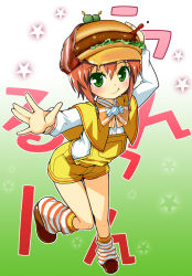 Rule 34 | 10s, 1girl, :q, blush, brown hair, cabbie hat, food-themed clothes, green eyes, hat, leg warmers, shorts, solo, tantei opera milky holmes, tongue, tongue out, yuzurizaki nero, zootan
