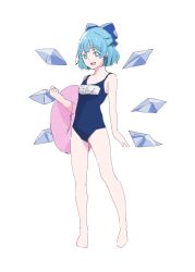 Rule 34 | 1girl, :d, blue bow, blue eyes, blue hair, blue one-piece swimsuit, bow, cirno, detached wings, full body, hair bow, highres, ice, ice wings, innertube, looking at viewer, one-hour drawing challenge, one-piece swimsuit, open mouth, school swimsuit, short hair, simple background, smile, solo, standing, swim ring, swimsuit, tohoyuukarin, touhou, white background, wings