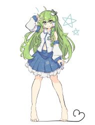 Rule 34 | 1girl, :&gt;, ahoge, barefoot, blue skirt, closed mouth, commentary, detached sleeves, frog hair ornament, full body, green eyes, green hair, hair ornament, hair tubes, highres, kochiya sanae, long hair, looking at viewer, navel, primsla, shirt, simple background, skirt, smile, snake hair ornament, solo, standing, star (symbol), touhou, w, white background, white shirt
