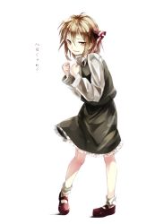 Rule 34 | 1girl, brown hair, commentary request, gorilla (bun0615), hair ribbon, highres, looking at viewer, mary janes, parted lips, ribbon, rumia, shoes, short hair, simple background, smile, solo, touhou, translation request, white background, yellow eyes