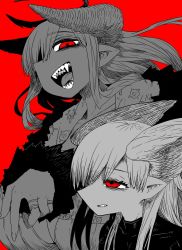 Rule 34 | 1boy, 1girl, angel and devil, angel wings, aohada bocchi, black shirt, black tail, breasts, colored skin, curvy, demon girl, demon horns, fangs, fur trim, grey horns, grey jacket, grey skin, greyscale with colored background, head wings, heart, heart print, highres, horns, huge breasts, jacket, jewelry, limited palette, long hair, multiple rings, navel, pointy ears, red eyes, revealing clothes, ring, sera (aohada bocchi), shading mismatch, sharp teeth, shirt, sideways mouth, tail, tan, teeth, theodore (aohada bocchi), thick thighs, thighs, tongue, tongue out, upper body, wings, zyugoya