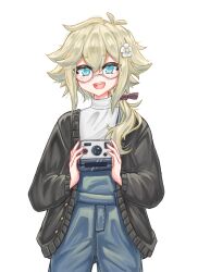 Rule 34 | 1boy, absurdres, alternate costume, alternate hair length, alternate hairstyle, basil (faraway) (omori), basil (omori), bespectacled, blonde hair, blue eyes, blue overalls, blush, camera, commission, commissioner upload, flower, glasses, grey-framed eyewear, hair flower, hair ornament, highres, holding, holding camera, long hair, long sleeves, looking at viewer, omori, open mouth, overalls, ponytail, regrets (r8grets), round eyewear, semi-rimless eyewear, simple background, smile, solo, sweater, teeth, turtleneck, turtleneck sweater, under-rim eyewear, upper teeth only, white background, white sweater