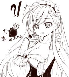 Rule 34 | !?, 1girl, @ @, azur lane, belfast (azur lane), braid, breasts, cleavage, collarbone, french braid, frilled gloves, frills, gloves, greyscale, highres, large breasts, long hair, maid, maid headdress, monochrome, solo, surprised, tandohark, very long hair, world of warships