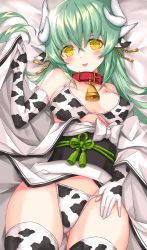 1girl, :d, animal ears, animal print, bangs, bed sheet, bell, bikini, black bikini, blush, breasts, breasts apart, collar, commentary request, cow ears, cow girl, cow print, cow print bikini, earrings, elbow gloves, fate/grand order, fate (series), flower knot, gloves, green hair, grey hair, hand up, highres, horns, japanese clothes, jewelry, kimono, kiyohime (fate), long hair, looking at viewer, lying, medium breasts, morizono shiki, obi, on back, open mouth, red collar, sash, shiny, shiny hair, skindentation, smile, solo, swimsuit, thighhighs, thighs, white bikini, white hair, white horns, white kimono, yellow eyes