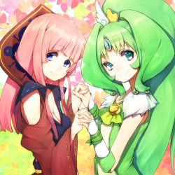 Rule 34 | 10s, 2girls, aqua eyes, big hair, blue eyes, breasts, cleavage, crossover, cure march, detached sleeves, green hair, holding hands, long hair, magical girl, midorikawa nao, multiple girls, nuko-d, pink hair, ponytail, precure, small breasts, smile, smile precure!, star driver, you marino