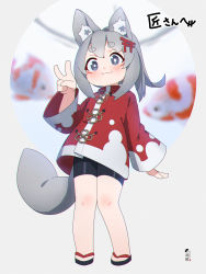 Rule 34 | 1girl, animal ear fluff, animal ears, bike shorts, black footwear, black shorts, blush, closed mouth, commentary, commission, fox ears, fox girl, fox tail, full body, grey eyes, grey hair, hair ornament, hand up, highres, jacket, kuro kosyou, long sleeves, looking at viewer, original, ponytail, red jacket, sandals, short eyebrows, short shorts, shorts, skeb commission, smile, solo, standing, tail, thick eyebrows, torii hair ornament, v, wide sleeves, zouri