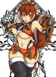 Rule 34 | 1girl, animal ears, antenna hair, arc system works, bare shoulders, black thighhighs, blazblue, blazblue: continuum shift, blush, breasts, brown eyes, brown hair, clenched hands, curvy, dual wielding, exaxuxer, fighting stance, fingerless gloves, gloves, highleg, highleg panties, holding, large breasts, makoto nanaya, microskirt, multicolored hair, navel, orange skirt, panties, revealing clothes, short hair, side slit, skirt, solo, squirrel ears, squirrel tail, streaked hair, tail, thighhighs, tonfa, underboob, underwear, weapon, wide hips