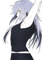 Rule 34 | 1girl, armpits, arms up, black legwear, black tank top, breasts, from side, green eyes, long hair, looking at viewer, messy hair, midriff, midriff peek, muscular, muscular female, original, sarashi, shirt, sidelocks, silver hair, simple background, sleeveless, small breasts, solo, stretching, tank top, taut clothes, taut shirt, waka (shark waka), white background