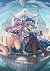 Rule 34 | 2boys, absurdres, animal ears, ansel (arknights), ansel (casual vacation) (arknights), arknights, beret, black leggings, black pantyhose, blue hair, blue shorts, blue sky, boat, closed mouth, crossed legs, food, full body, gloves, hat, highres, holding, holding food, holding umbrella, jacket, leggings, long sleeves, looking at viewer, lop rabbit ears, mizuki (arknights), multiple boys, no shoes, open mouth, outdoors, pantyhose, pink eyes, pink hair, popsicle, rabbit boy, rabbit ears, sailor collar, see-through, short hair, shorts, sitting, sky, smile, soles, toes, trap, umbrella, visor, water, watercraft, whinghope, white gloves, white jacket