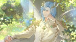 Rule 34 | 1boy, absurdres, blue hair, closed eyes, fairy wings, flower, forest, frilled shirt collar, frills, hand on own cheek, hand on own face, highres, holostars, holostars english, nature, regis altare, rm-parfait, sitting, solo, throne, tree, virtual youtuber, wings