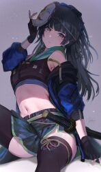 Rule 34 | 1girl, absurdres, armpit crease, bare shoulders, black hair, black jacket, black thighhighs, brown eyes, closed mouth, commentary request, crop top, expressionless, fingerless gloves, gloves, grey background, highres, idolmaster, idolmaster shiny colors, jacket, katana, long hair, looking at viewer, mask, mask on head, mayuzumi fuyuko, midriff, multicolored clothes, multicolored skirt, navel, off shoulder, open clothes, open jacket, powder is kona, signature, skirt, solo, stomach, sword, thighhighs, weapon