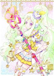 Rule 34 | 1girl, bow, braid, character name, closed mouth, commentary request, crescent, dress, feet out of frame, forehead jewel, frilled dress, frills, green hair, hat, headphones, highres, holding, holding scepter, jewlie (pripara), kamikita futago, long hair, looking at viewer, mini hat, parted bangs, pink bow, pretty series, pripara, puffy short sleeves, puffy sleeves, purple eyes, scepter, short sleeves, smile, solo, standing, star (symbol), thighhighs, very long hair, white dress, white thighhighs, yellow bow