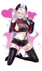 Rule 34 | 1girl, :d, absurdres, antenna hair, azur lane, black footwear, black panties, black shirt, black shorts, boots, bow, bowtie, breasts, burning lettuce, commentary request, crop top, full body, hair between eyes, headgear, high heel boots, high heels, highleg, highleg panties, highres, holding, holding microphone, idol, idol clothes, kneeling, large breasts, long hair, long sleeves, looking at viewer, microphone, midriff, mole, mole on breast, multicolored hair, navel, official alternate costume, open mouth, panties, plaid, plaid bow, plaid bowtie, prinz eugen (azur lane), prinz eugen (muse) (azur lane), red hair, ribbon, shirt, short shorts, shorts, shrug (clothing), sideboob, sideboob cutout, sidelocks, simple background, skindentation, smile, solo, streaked hair, swept bangs, taut clothes, taut shirt, teeth, thigh boots, thigh strap, two side up, underwear, upper teeth only, very long hair, white background, white hair