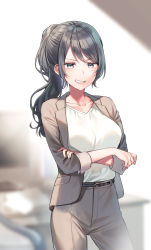 Rule 34 | 1girl, belt, belt buckle, black belt, black hair, blurry, blurry background, blush, breasts, brown jacket, brown pants, buckle, commentary request, crossed arms, depth of field, formal, grey eyes, grin, high-waist pants, jacket, long hair, looking at viewer, medium breasts, midorikawa you, mole, mole under eye, open clothes, open jacket, original, pant suit, pants, ponytail, shirt, sidelocks, smile, solo, suit, v-shaped eyebrows, white shirt