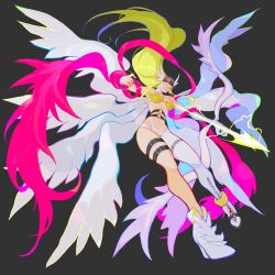 Rule 34 | 1girl, absurdres, angel wings, angewomon, bow (weapon), breasts, digimon, digimon (creature), elbow gloves, energy arrow, floating, gloves, grey background, helmet, highres, holding, holding bow (weapon), holding weapon, long hair, looking down, medium breasts, multiple wings, navel, pink scarf, rae (hexedwithluck), scarf, single elbow glove, single glove, single leg pantyhose, solo, thigh strap, very long hair, weapon, white gloves, wings