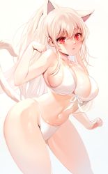 Rule 34 | 1girl, absurdres, animal ears, bare shoulders, bikini, blush, breasts, cat ears, cat girl, cat tail, cleavage, diagonal stripes, front-tie bikini top, front-tie top, highres, large breasts, long hair, looking at viewer, navel, original, paw pose, ponytail, red eyes, shiny skin, solo, striped, swimsuit, tail, white background, white bikini, white hair, zerocat